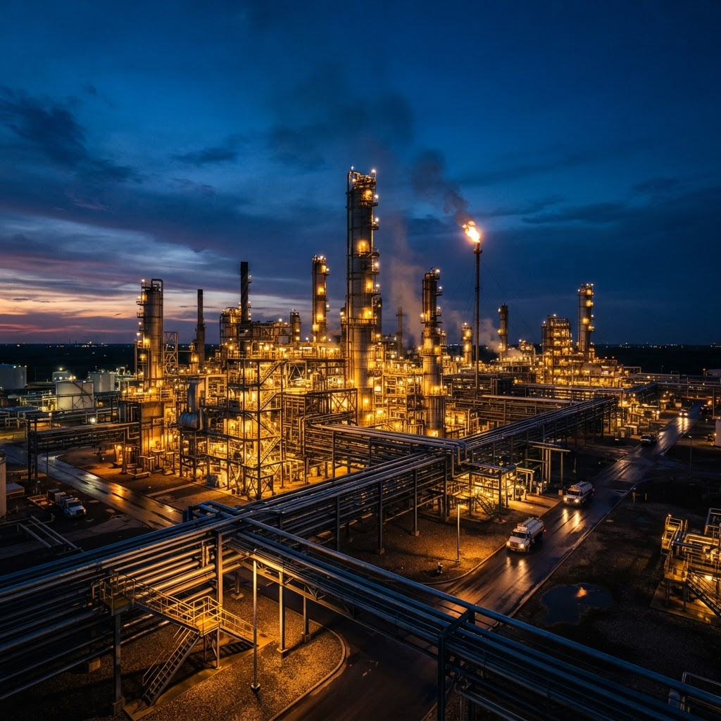 Industrial refinery complex at dusk